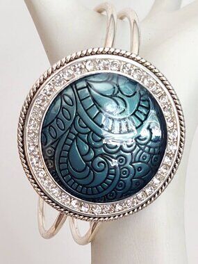 Teal blue and faux diamond hinged closure bracelet
